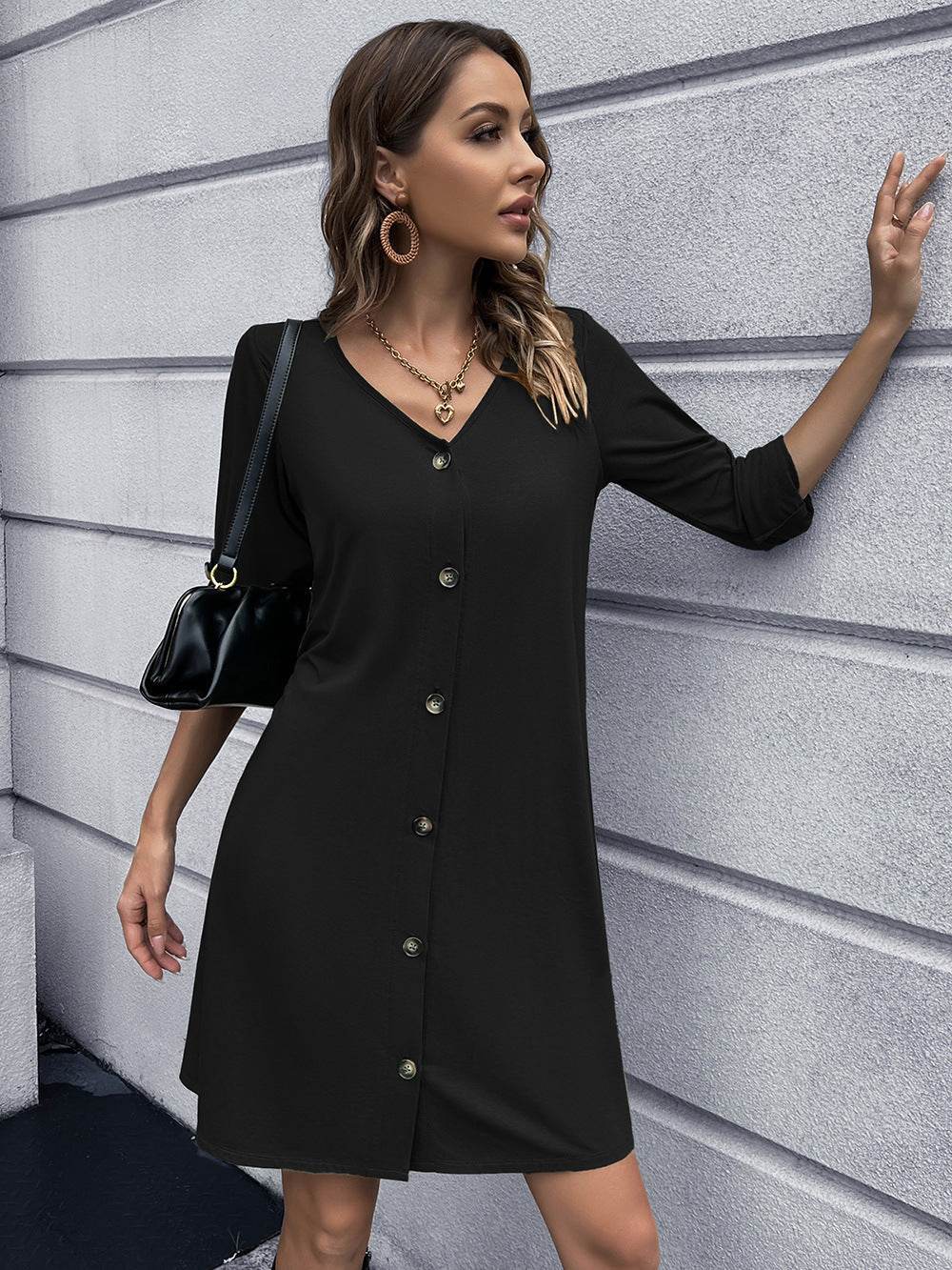 Ivy Lane Button Down V-Neck Mini Dress Black Trendsi 3424e6fbc9544557857548c7c6d97319-Max