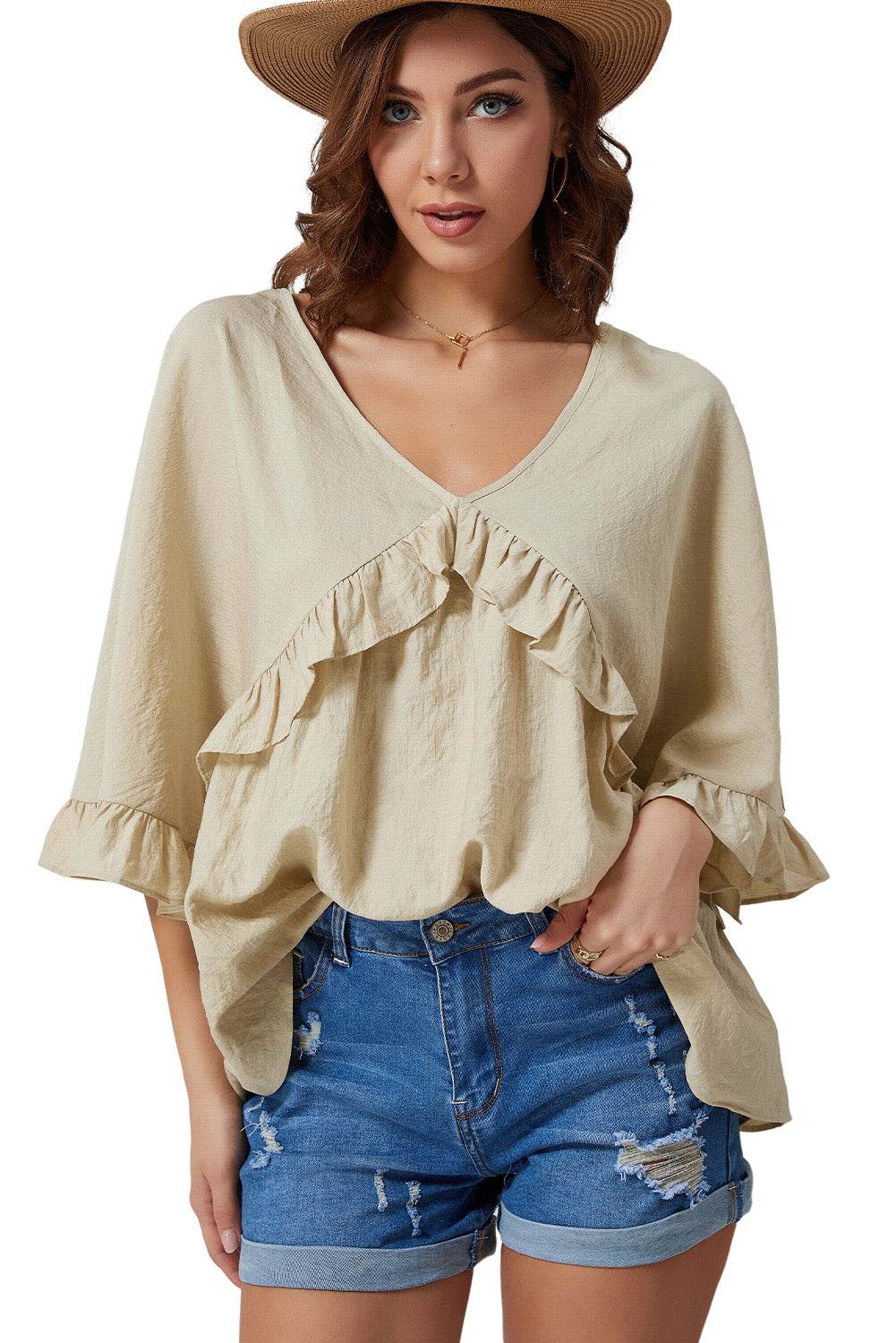 Ruffled V-Neck Half Sleeve Blouse Trendsi 34260331fbce45f9a27b75dc14edd22c-Max