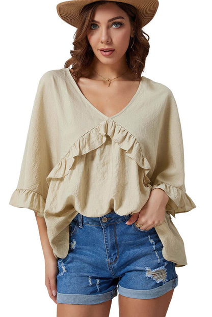 Ruffled V-Neck Half Sleeve Blouse Trendsi 34260331fbce45f9a27b75dc14edd22c-Max