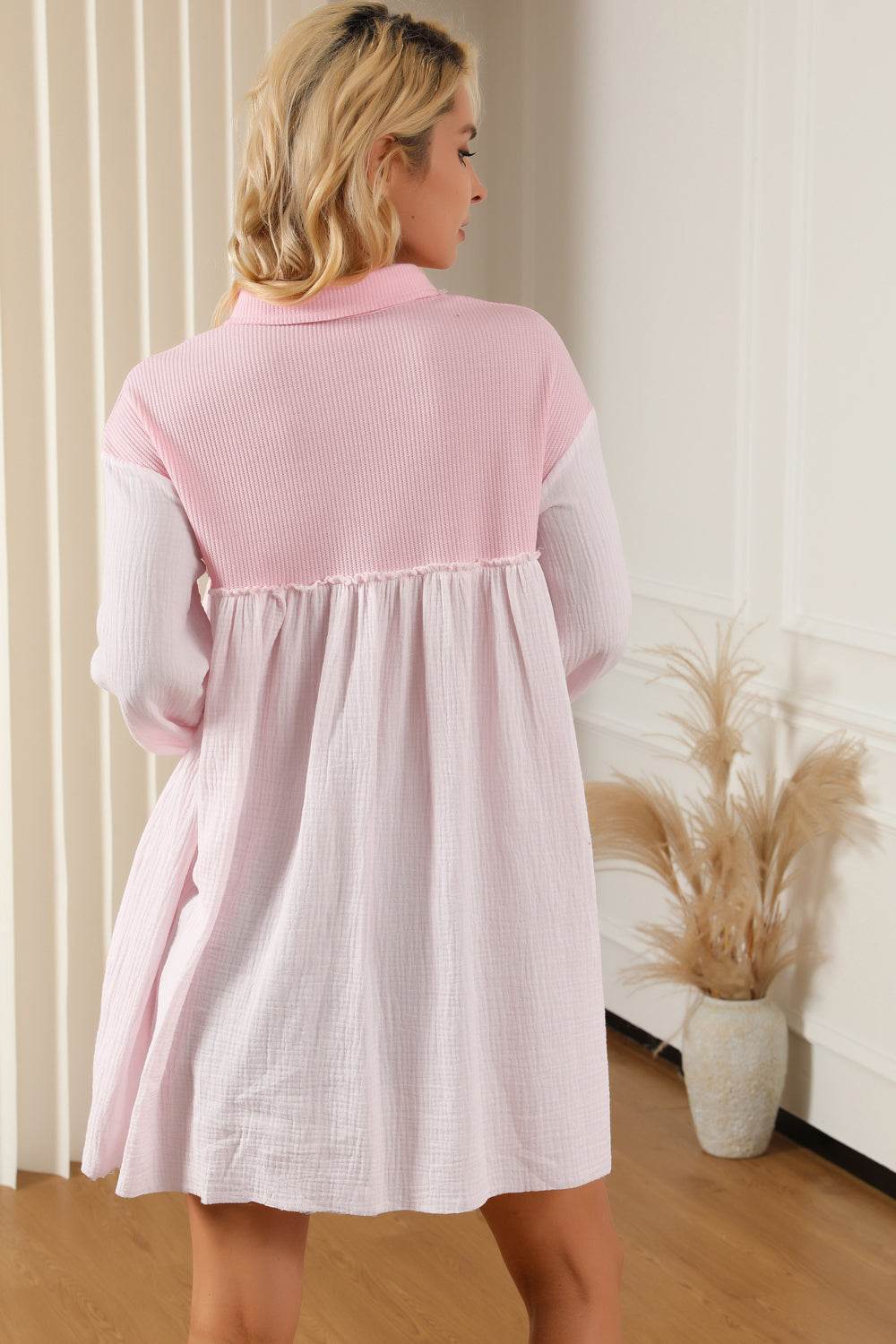 Buttoned Collared Neck Dropped Shoulder Mini Dress Trendsi 3429d84e0e64499d881561d84eca425d-Max