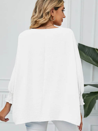 Smocked Lantern Sleeve Round Neck Blouse Trendsi 342b8663ea9a458d9293f41575d6b2a1-Max