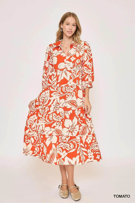 Umgee Floral Print Tiered Midi Dress TOMATO Trendsi 342b908e-7507-411c-8058-58d6eab45e6a-Max-Origin