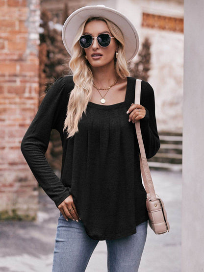 Mandy Pleated Detail Curved Hem Long Sleeve Top Black Trendsi 3488b0c8106448188ebeb515e5241575-Max