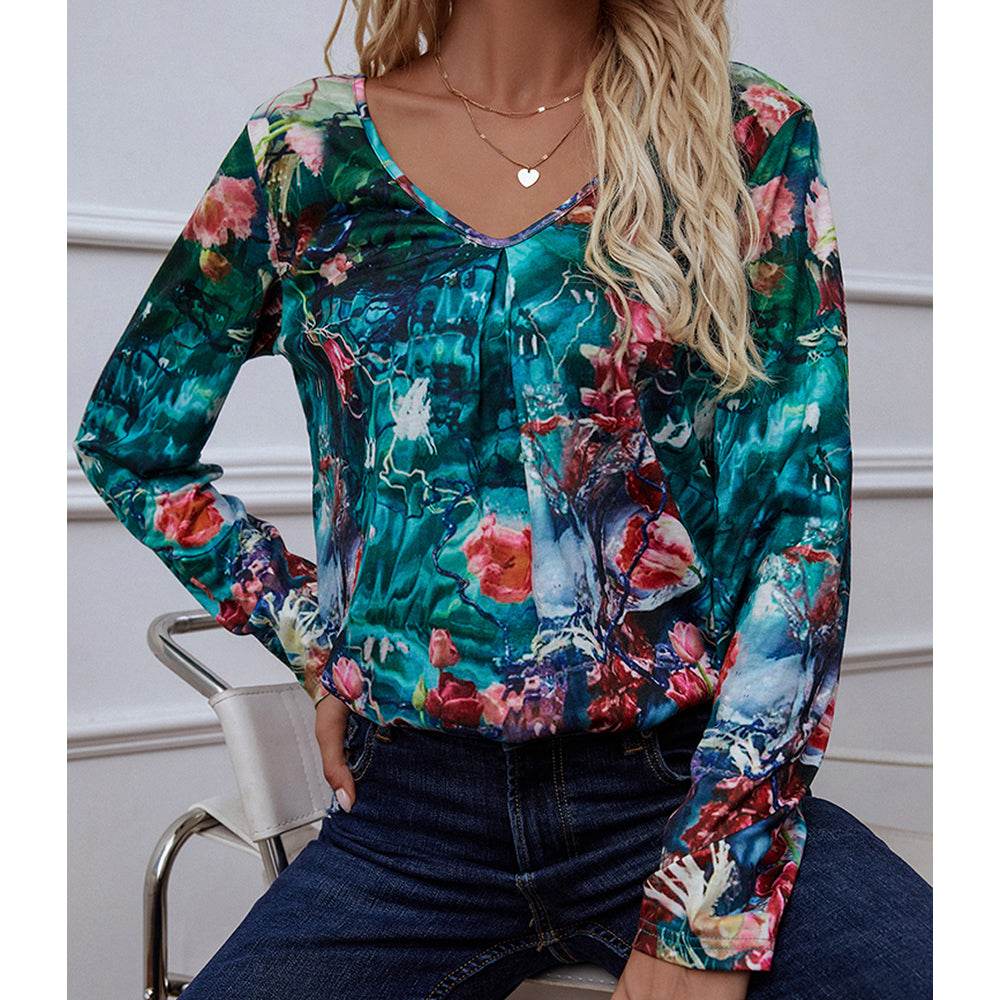 Shiny Printed V-Neck Long Sleeve Blouse Trendsi 3488e7d7e7c04b969965d6dc3122acbb-Max