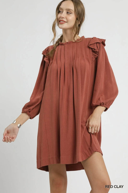 Umgee Linen Ruffle Shoulder Pleated Babydoll Dress RED CLAY Trendsi 34967f8b-cb90-47bd-9298-81811e8a3c05-Max-Origin
