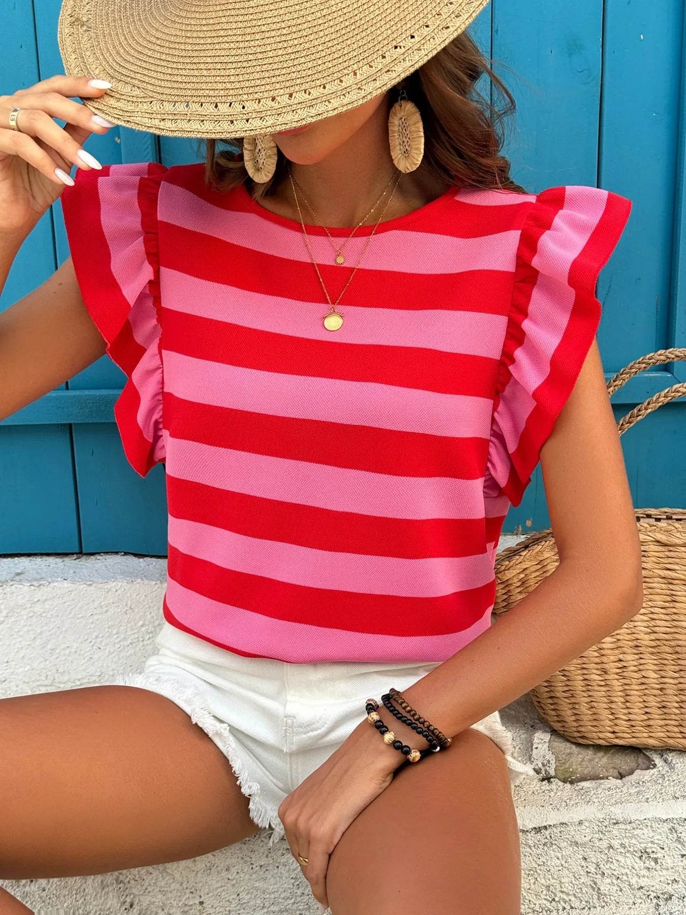 Contrast Striped Ruffle Sleeve T-Shirt Red Trendsi 34a97ced68b64b58bcbeda1e384abca5-Max-Origin