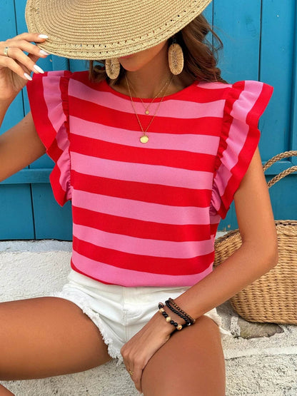 Contrast Striped Ruffle Sleeve T-Shirt Red Trendsi 34a97ced68b64b58bcbeda1e384abca5-Max-Origin
