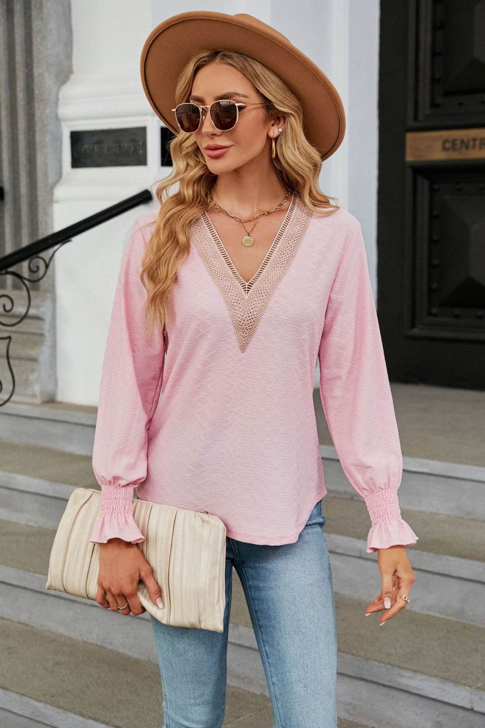 V-Neck Flounce Sleeve Blouse Blush Pink Trendsi 34acfc10095f44f3a577a2f0d8d08310-Max