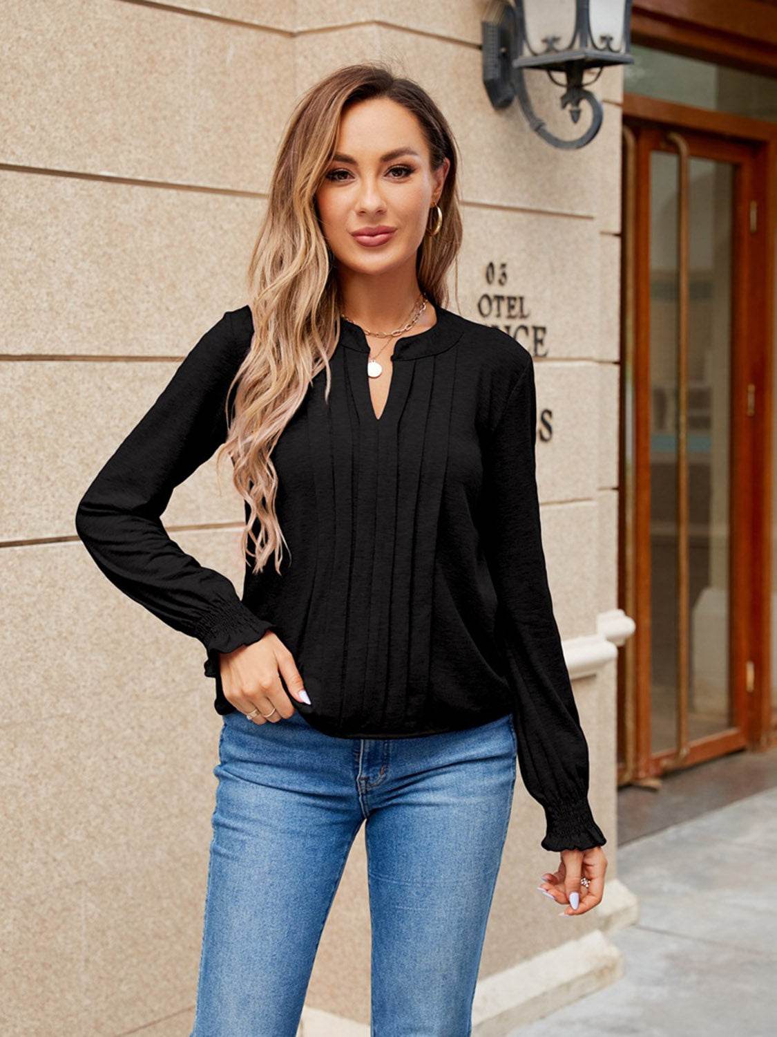 Pleated Notched Neck Flounce Sleeve Blouse Black Trendsi 34b80e364791423d9c515c656671e6dc-Max