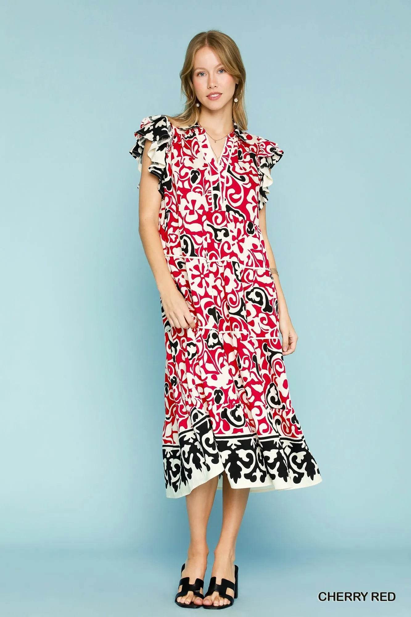 Umgee Printed Ruffled Cap Sleeve Midi Dress Trendsi 34c505c1-f7c8-46a7-8ad1-ddab225da465-Max-Origin