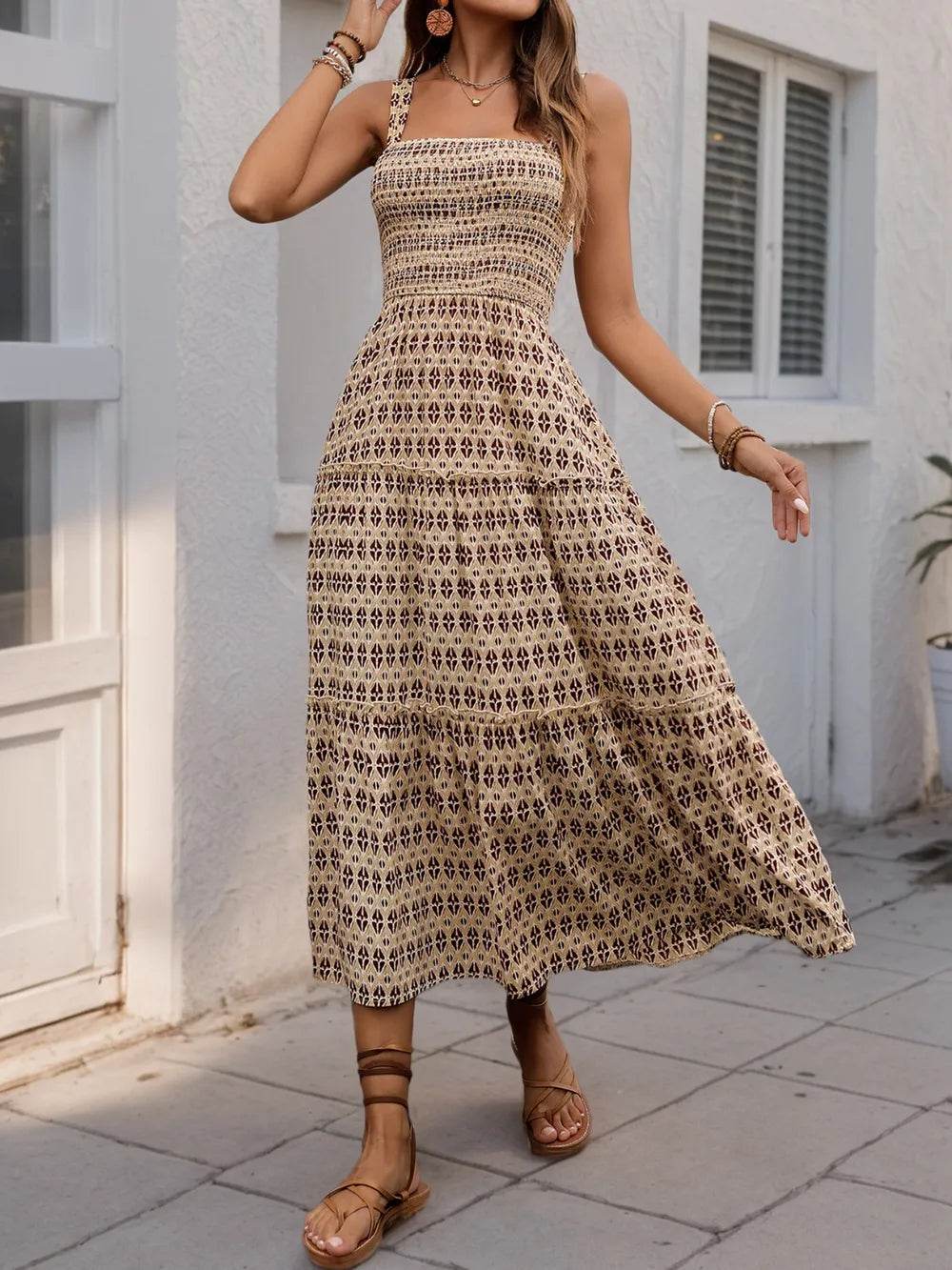 Printed Tiered Wide Strap Midi Dress Camel Trendsi 34d9c962-510a-4110-a92a-610c623fa627-Max