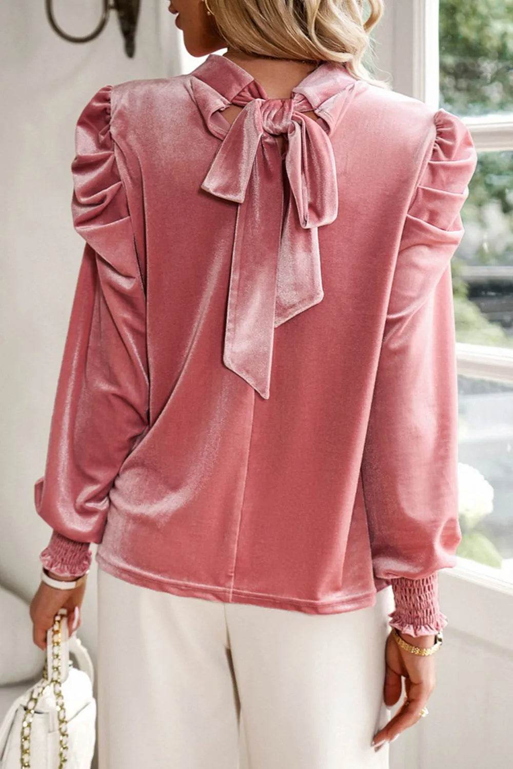 Tie Up Mock Neck Velvet Fabric Long Sleeve Blouse Trendsi 34ee1deb-1a3a-4e90-b47f-8ee6a096eeb1-Max