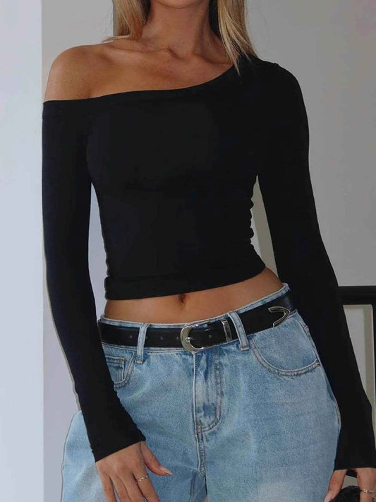 One Shoulder Long Sleeve Crop T-Shirt Black Trendsi 34f24834882749f291f497f280f61f4a-Max-Origin