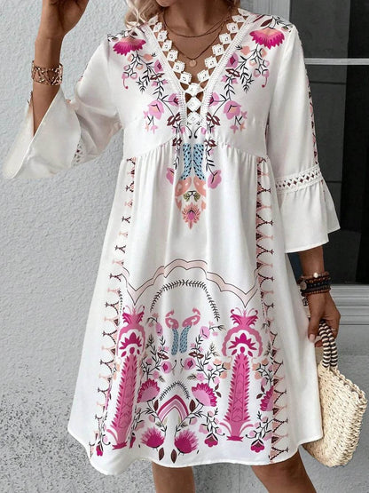 Lace Detail Printed Three-Quarter Sleeve Dress Deep Rose Trendsi 351dcf2f-e65e-414b-b944-c5c0b1402041-Max