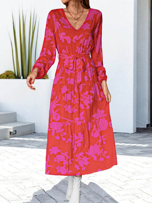 Floral V-Neck Long Sleeve Dress Hot Pink Trendsi 352c3d21266a4e9382fb0dae4c6b21af-Max
