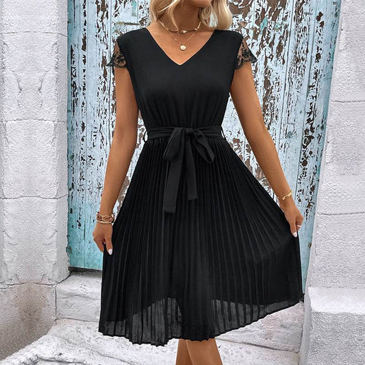Perfee V-Neck Tie Belt Pleated Dress Trendsi 354f41d83e5a4926882d7a16b663b23b-Max