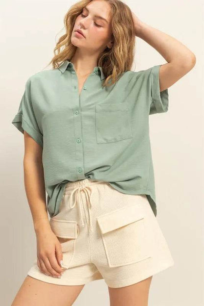 HYFVE Button Down Collared Neck Short Sleeve Shirt SAGE GREEN Trendsi 3567c07ad548423d875b24ef655d7c00-Max-Origin