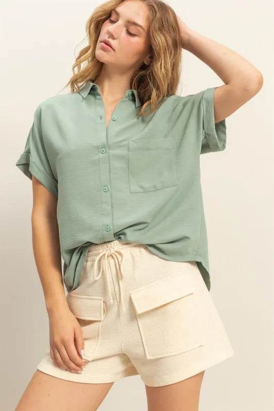 HYFVE Button Down Collared Neck Short Sleeve Shirt SAGE GREEN Trendsi 3567c07ad548423d875b24ef655d7c00-Max-Origin