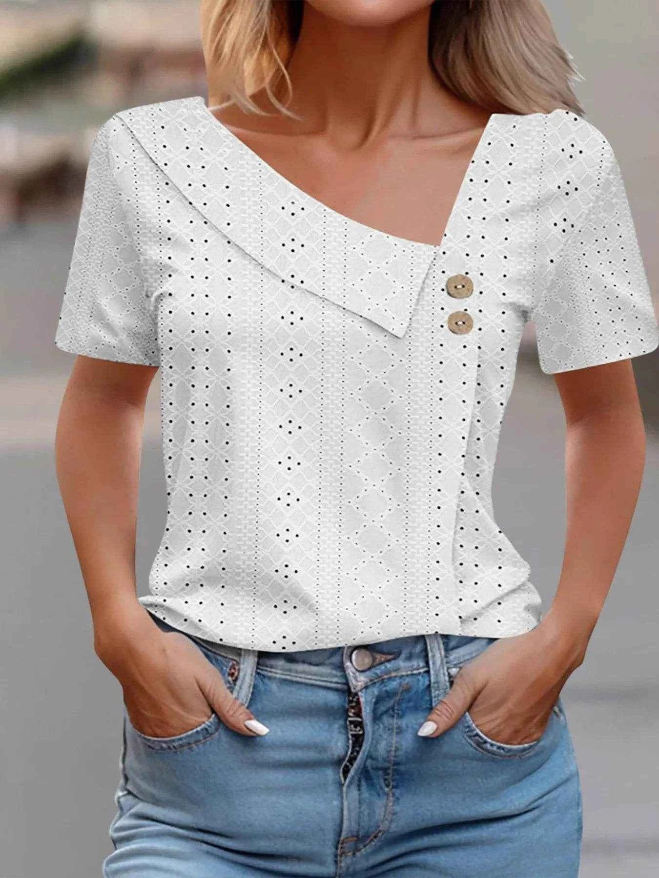 Eyelet Asymmetrical Short Sleeve T-Shirt White Trendsi 3583e52ecf344ae0bb7f160b2d828bc7-Max-Origin