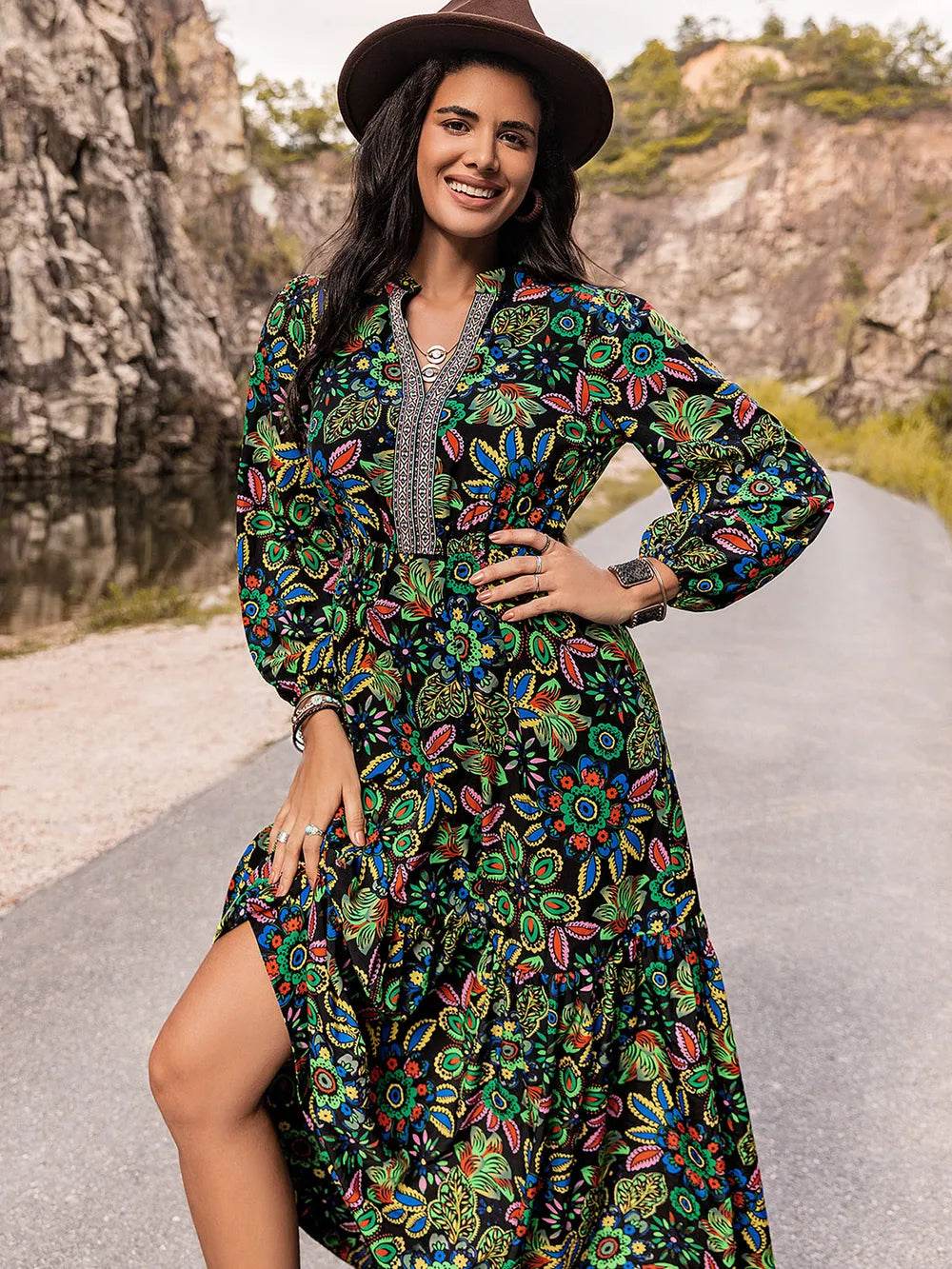 Printed Notched Neck Maxi Dress Trendsi 358fd7d8-9878-45f1-9731-08f2b3a63239-Max