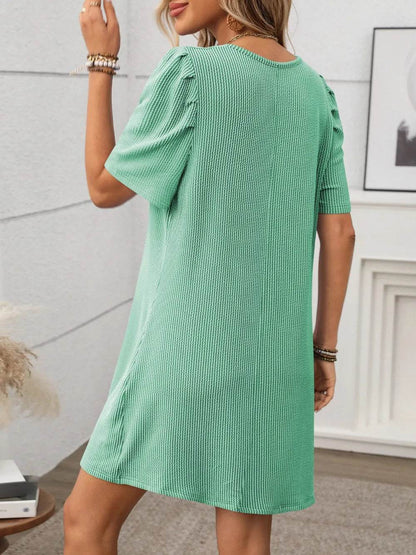 Textured Round Neck Short Sleeve Mini Dress Trendsi 35e5dbdd-2441-4923-83ba-e9322c041d51-Max