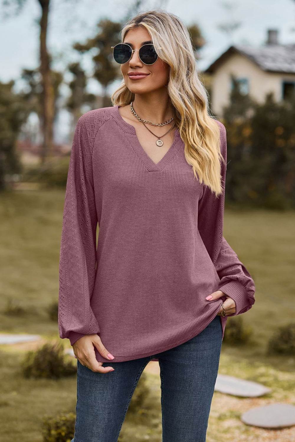 Notched Neck Raglan Sleeve Blouse Trendsi 35ea62e1fe6d4652af778167d75f44d7-Max