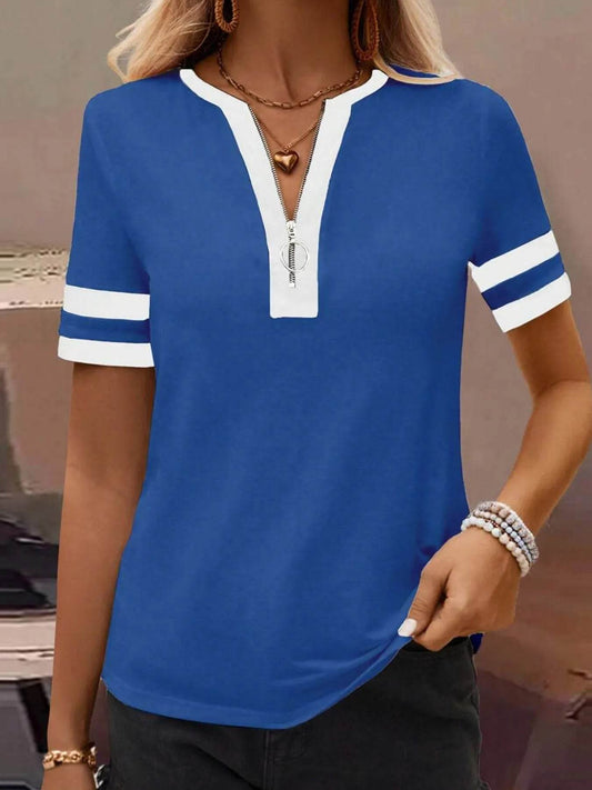 Striped Short Sleeve Half Zip Top Blue Trendsi 35f4736d912b4e4eaa97a3973ff2639e-Max-Origin
