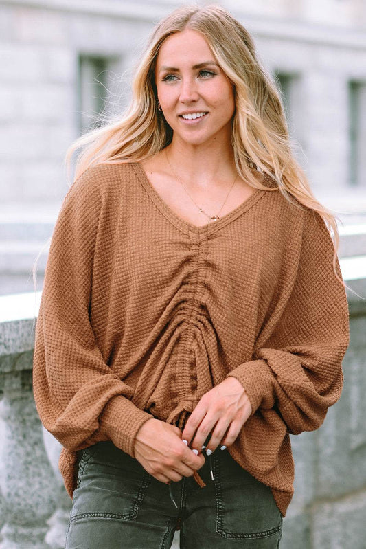 Drawstring Ruched V-Neck Blouse Camel Trendsi 35f9f812bd34486a893405794ed98b26-Max