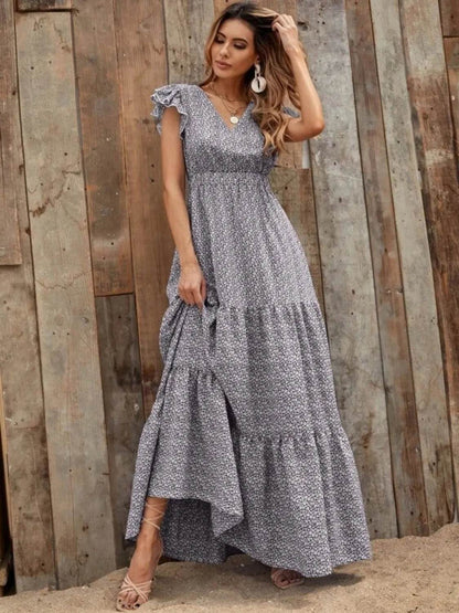 Printed V-Neck Ruffled Cap Sleeve Maxi Dress Gray Trendsi 360a5b57-1506-44cb-868c-9a9a5550bbf7-Max-Origin