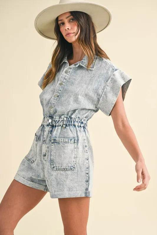 Annie Wear Elastic Waistband Short Sleeve Denim Romper Trendsi 360f68ac-baa3-435e-b698-70b7f3fbff30-Max