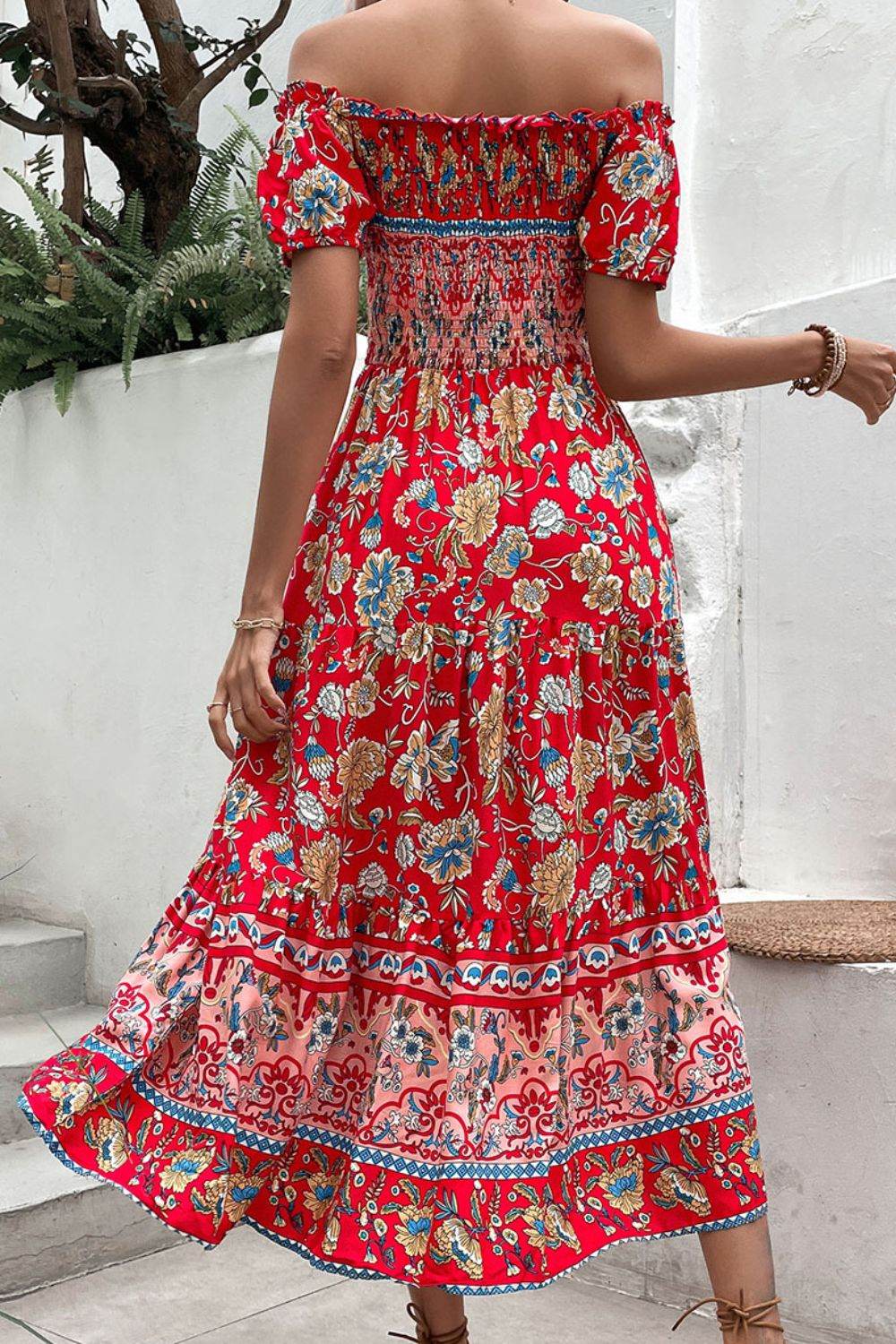 Perfee Floral Off-Shoulder Smocked Midi Dress Trendsi 363a1fa99d1b498c8e79b1c358e9bf6c-Max