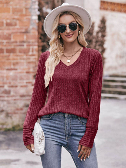 Mandy V-Neck Long Sleeve Ribbed Top Trendsi 36445c68280443ad8802d9a5dc49ce19-Max