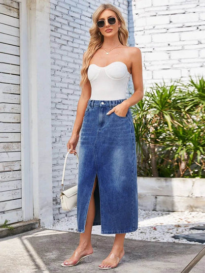 Slit Midi Denim Skirt with Pockets Trendsi 364d3772-697b-4c9c-a4d8-470fe48d5fe2-Max