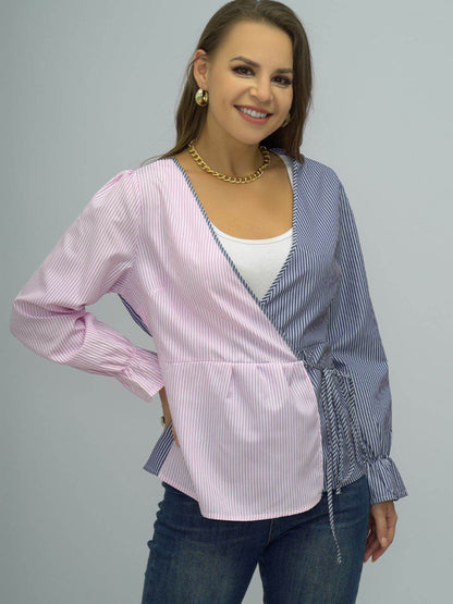 Shiny Surplice Neck Striped Long Sleeve Blouse Trendsi 3678eff16b464a2394cfc99f66f8c3db-Max