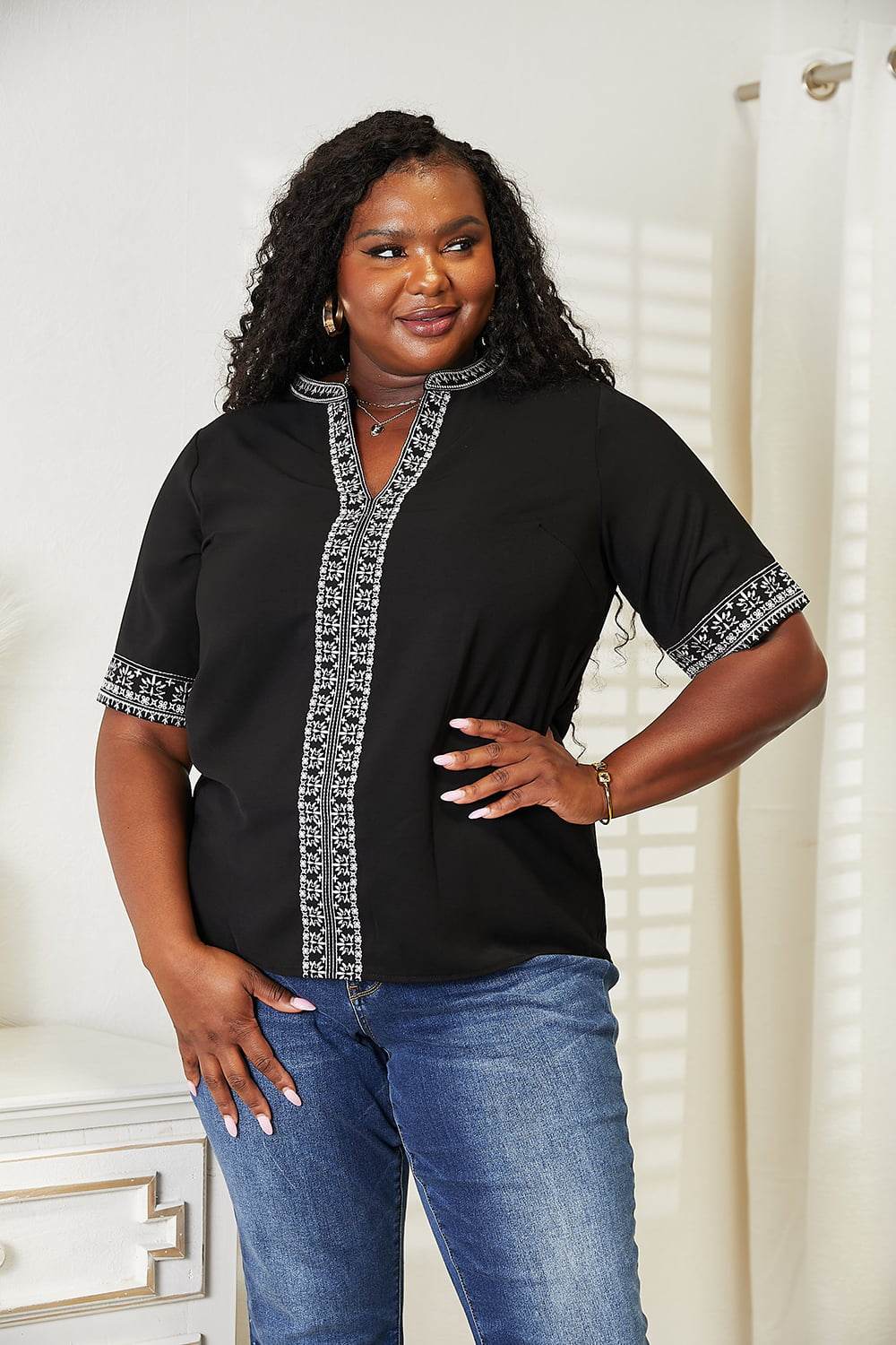 Double Take Embroidered Notched Neck Top Trendsi 3692aba3c11549d895d52ae637c8c9a9-Max
