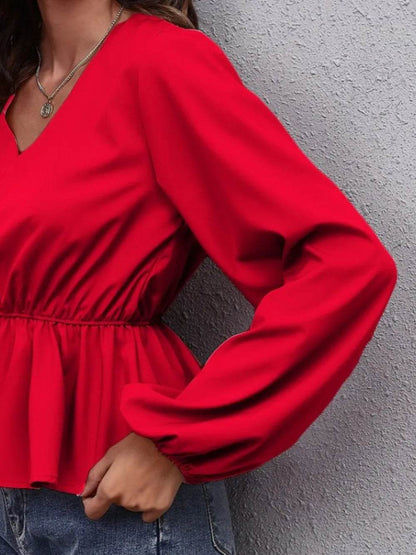 V-Neck Balloon Sleeve Peplum Blouse Trendsi 369ad261db66458cb296c8bfe3b80c4e-Max