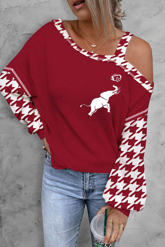 Houndstooth Long Sleeve Asymmetrical Neck Top Deep Red Trendsi 36b2c3860377461c96ab4d1447ca8c49-Max