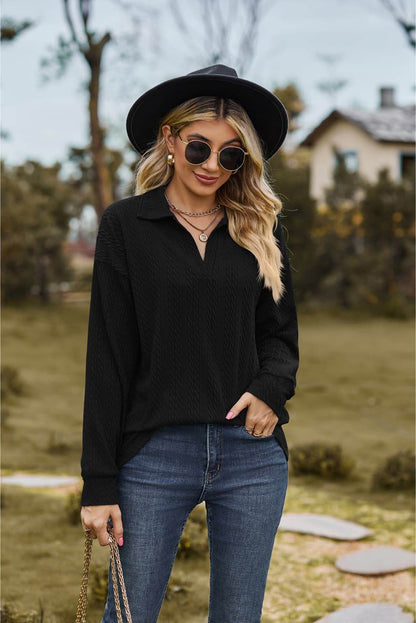 Collared Neck Cable-Knit Long Sleeve Blouse Trendsi 36bdf094226946f1a7d8b0cad261cf7f-Max