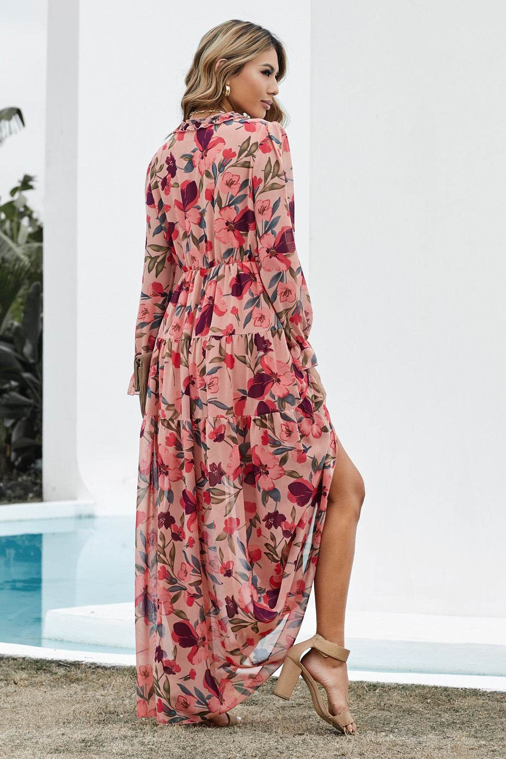 Floral Frill Trim Flounce Sleeve Plunge Maxi Dress Trendsi 36f929c9ccee4a1d93e93036d2fcac64-Max