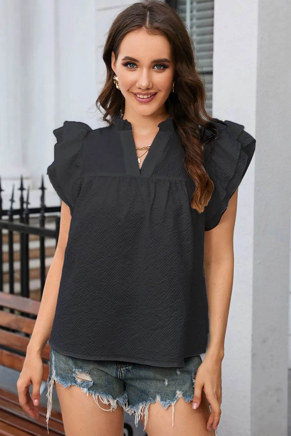 Notched Neck Butterfly Sleeve Blouse Black Trendsi 37090c6e-2752-432c-99c8-f53535b38b0c-Max