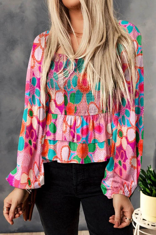Floral Smocked Ruffled Balloon Sleeve Blouse Multicolor Trendsi 370a47cdff034bb8b10242e3c72fb4a6-Max