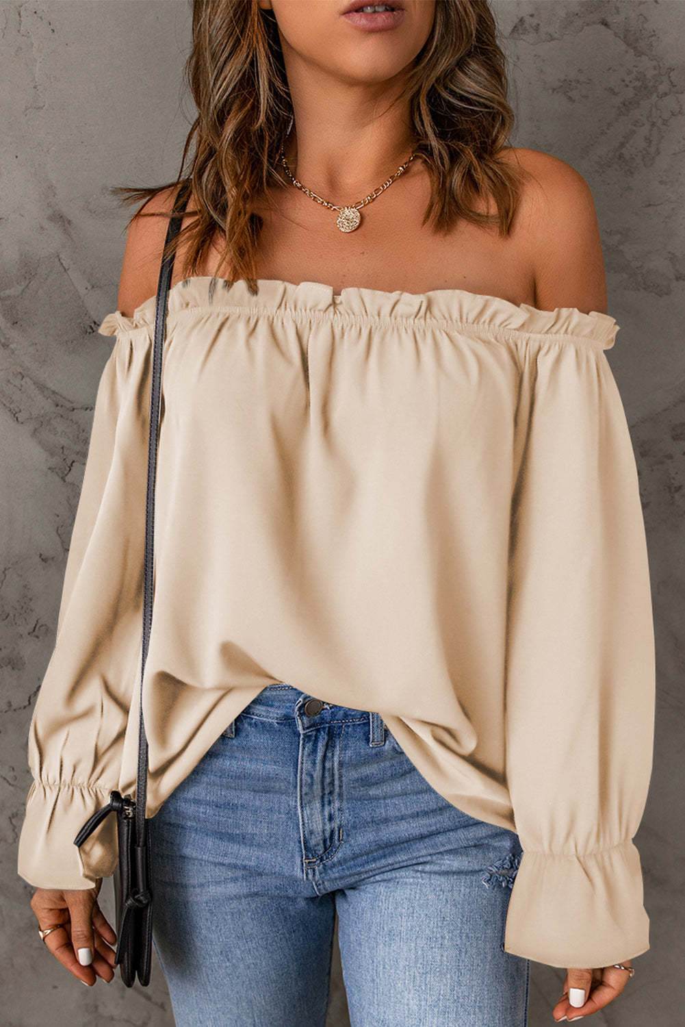 Off-Shoulder Flounce Sleeve Blouse Cream Trendsi 372cb13fcd4a47bf8534b0ff683d8bb3-Max