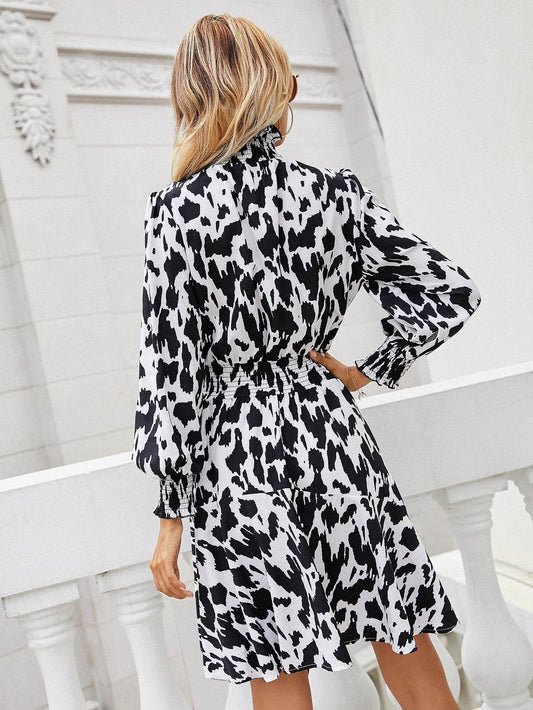 Ivy Lane Printed Lantern Sleeve Turtleneck Dress Trendsi 3735e3f9e2bf485cabb74adaec743b95-Max