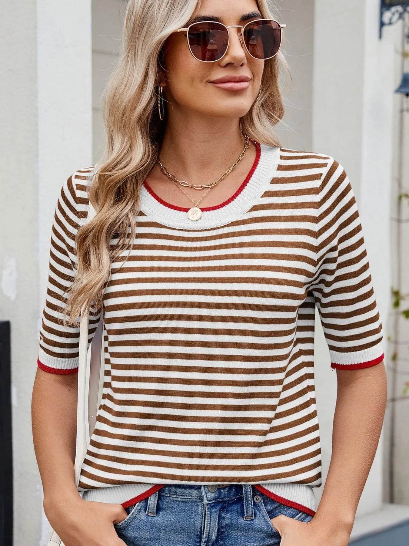 Striped Casual T-Shirt with Contrast Trim Trendsi 374346fff25a44b09b25f9b2176a478a-Max-Origin