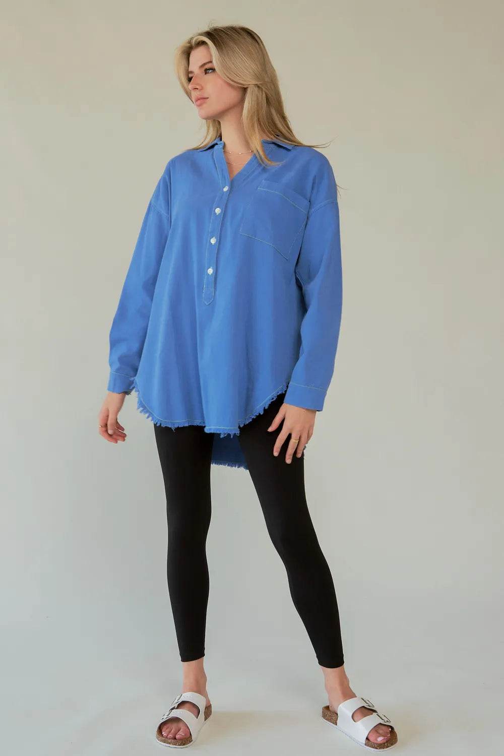 Davi & Dani Letter Back Raw Hem Half Button Shirt Trendsi 374e0abe-14b5-4fc5-a458-ec1ab3cb266d-Max