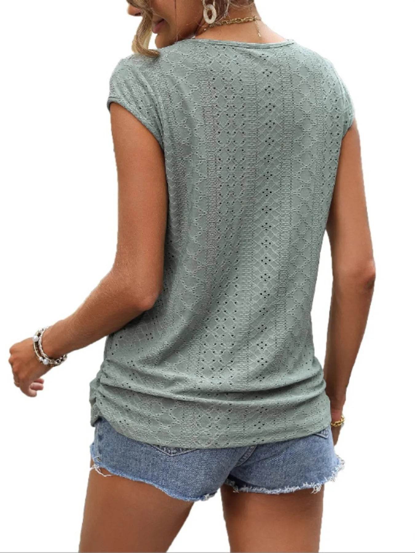 Eyelet V-Neck Cap Sleeve T-Shirt Trendsi 374e7dd1580840fc907fa5b6f660ddda-Max-Origin