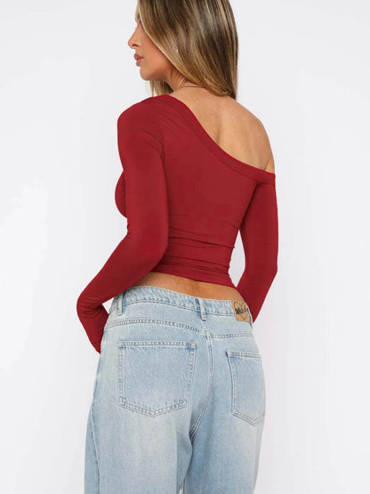 One Shoulder Long Sleeve Crop T-Shirt Trendsi 375e2344c36642e3b2feb7f283e6b3ee-Max-Origin