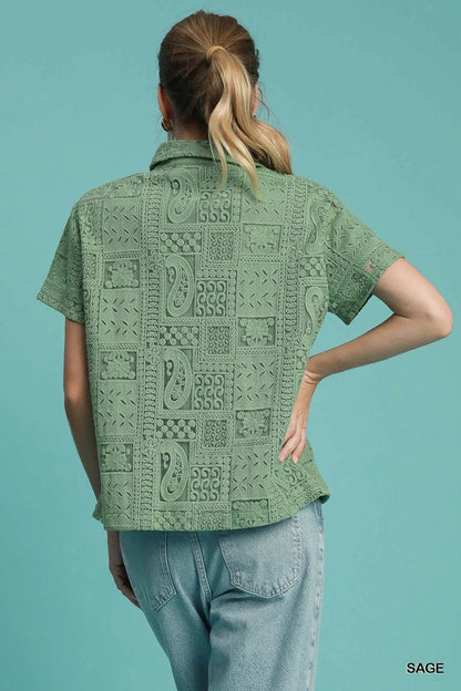 Umgee Patch Lace Short Sleeve Button Down Shirt Trendsi 3773bb6d-d7bf-4839-9504-644e3a675fa4-Max-Origin