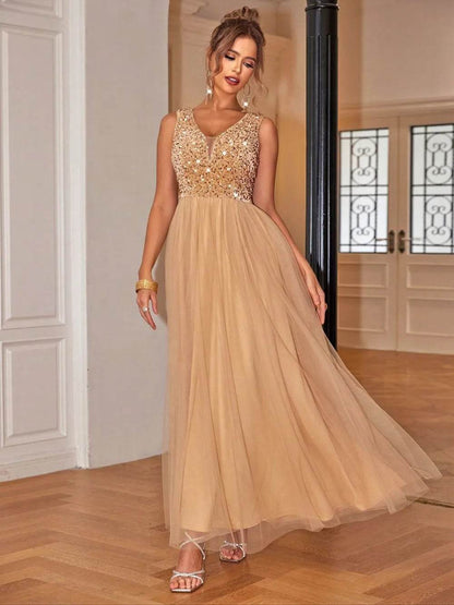 Sequin V-Neck Sleeveless Dress Tan Trendsi 377cc75f-0c77-49c7-abb9-6558b903867f-Max