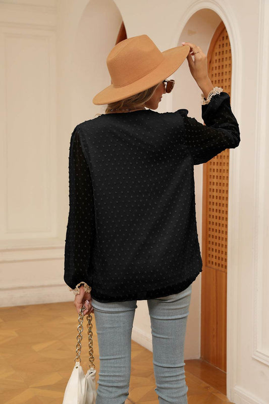 Swiss Dot Contrast V-Neck Blouse Trendsi 3784c182e2d34865a57fc5b109233f40-Max